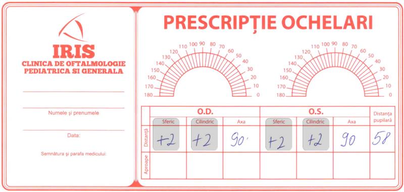 Prescriptie pentru ochelari de vedere cu dioptrii +4 si indice de refractie recomandat de 1.6